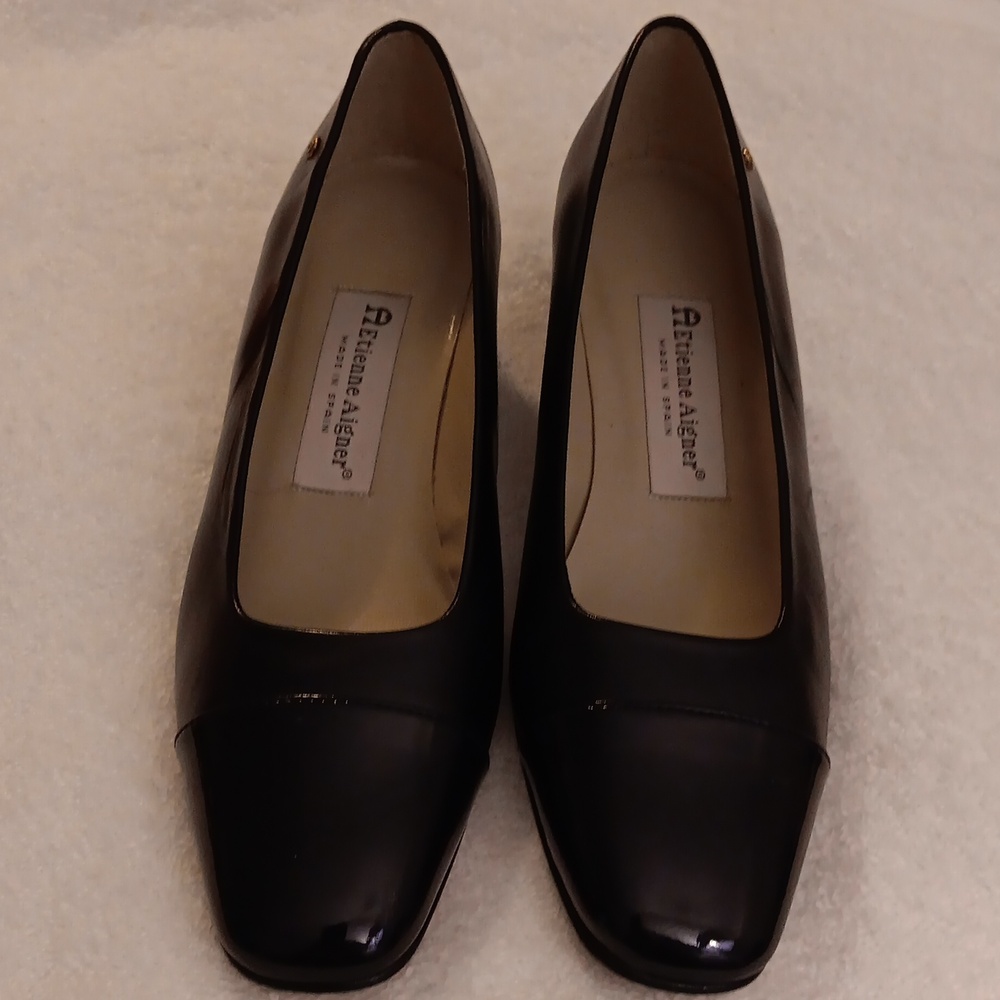 Etienne Aigner Navy Blue with Patent Leather cap toe.